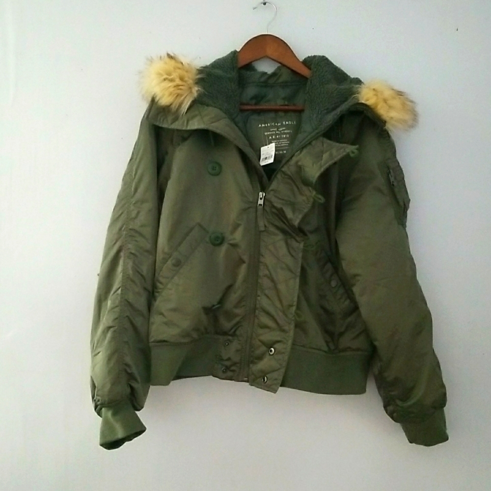 American Eagle Army Green Puffer Jacket w/Fur Trimmed Hoodie